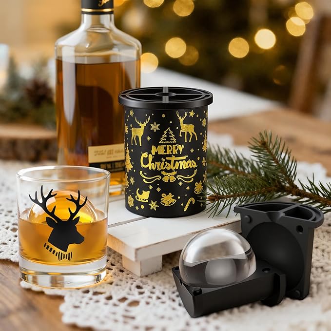 Clear Ice Cube Maker with Whiskey Glasses & Luxury Box - 2.5" Ball - Crystal Clear Ball Ice Cube Tray for Whiskey, Perfect Christmas/Bourbon Gifts for Mens/Dad/Husband/Him/Grandpa