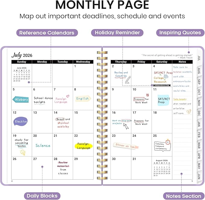 Planner 2026-2027 for Women & Men, Set of 3, Academic Monthly and Weekly Calendar Planner, Jul 2026 - Jun 2027, A5 (6.3" x 8.5"), Teacher Student Planning Book with Tabs, Ideal for Office School Supplies - Beige Purple Green