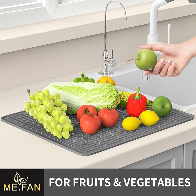 ME.FAN Silicone Dish Drying Mat for Kitchen Counter, Dish Drying Pad for Sink, Refrigerator or Drawer, Countertop Protection Pad S - 12'' x 8'' - Grey