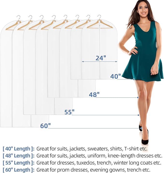 48" All Clear Garment Bags for Hanging Clothes, 12 Packs Suit Bags for Closet Storage, Plastic Waterproof Suit Cover Bags with Zipper for Coats, Jackets, Shirts (Set of 12)