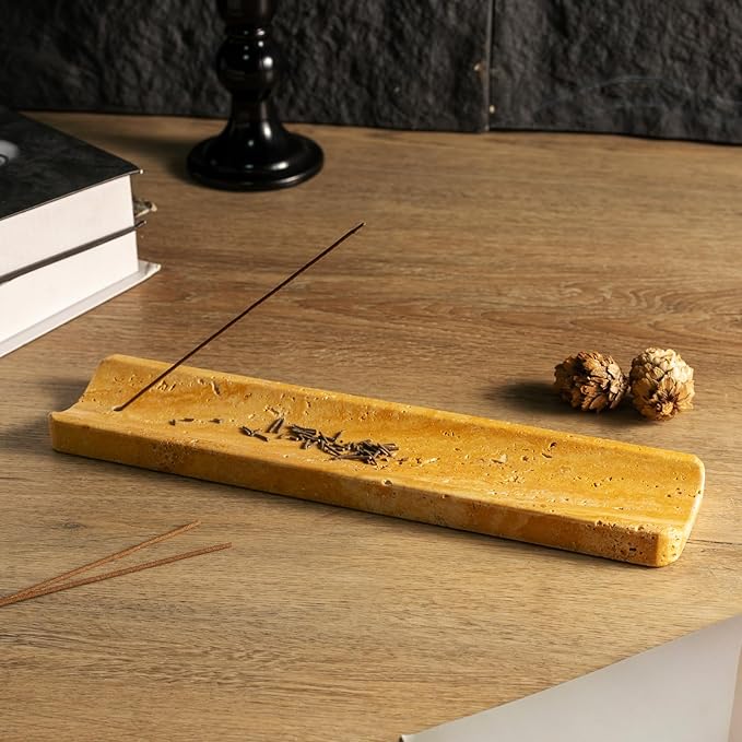 Koville Travertine Incense Holder, Incense Holder for Sticks, Long Incense Sticks Holder Ash Catcher for Meditation Yoga SPA, Natural Stone Incense Burner, Home Table Decor(Yellow)