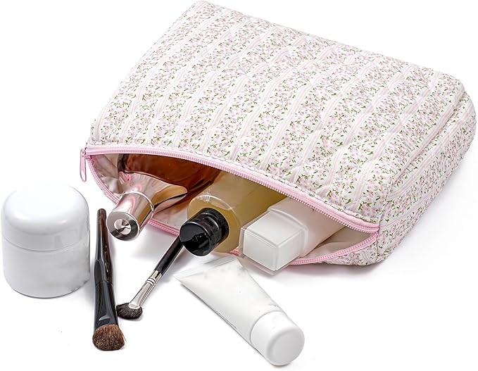 HHQQWZ Makeup Bag Travel Cosmetic Bag for Women Girls, Zipper Make Up Pouch, Floral Flowers Toiletry Organizer Makeup, Portable Storage Cosmetic Travel Cloth Bag (L/Pink Floral)