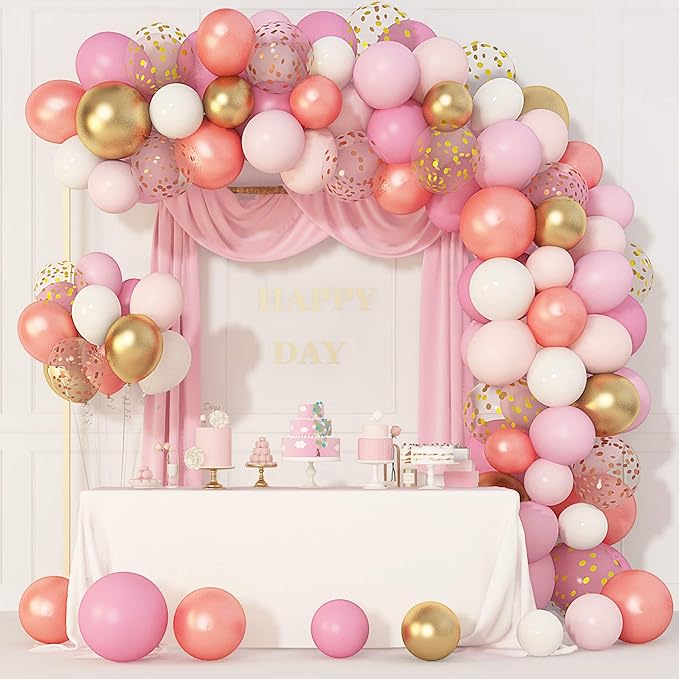 Amandir 164Pcs Rose Gold Pink Balloons Garland Arch Kit Light Pink Gold White Confetti Latex Metallic Balloons for Valentine's Day Birthday Decorations Baby Shower Wedding Graduation Party Decorations