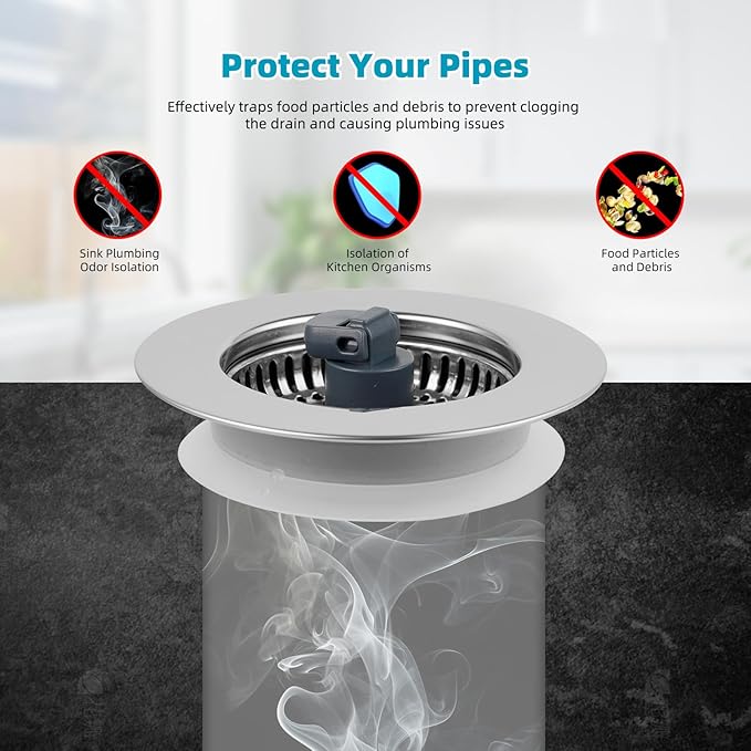 Hibbent 2 Pack 3 in 1 Kitchen Sink Drain Strainer, Stainless Steel Wrapped Shell Drain Stopper Combo, Pop Up Sink Stopper, Stainless Steel Anti-Clogging Basket Strainer for US Standard 3-1/2" Drain