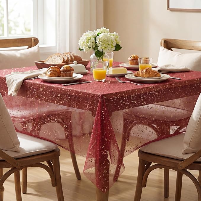 Horaldaily Burgundy Gold Gauze Tablecloth 60x120 Inch Rectangular, Golden Sequin Glitter Metallic Foil, Sheer Tulle Cheesecloth for Wedding Baby Shower Ceremony Birthday