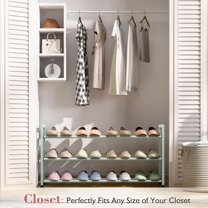 Bumusty 3-Tier Expandable Shoe Rack for Closet, 18"-33" Adjustable Shoe Rack for Small Space, Small Shoe Organizer for Front Door, Sturdy Metal, Green