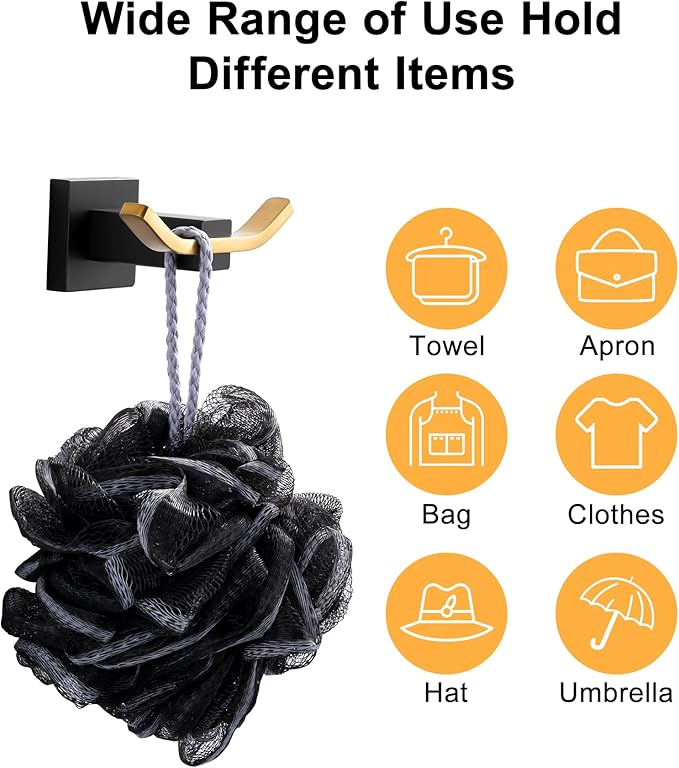 WOWOW Towel Hooks for Bathrooms Black and Gold, SUS304 Stainless Steel Coat Hook, Bathroom Robe Towel Holder, Heavy Duty Robe Hooks, Bathroom Double Towel Hooks for Coats, Sponges, Wall Mount