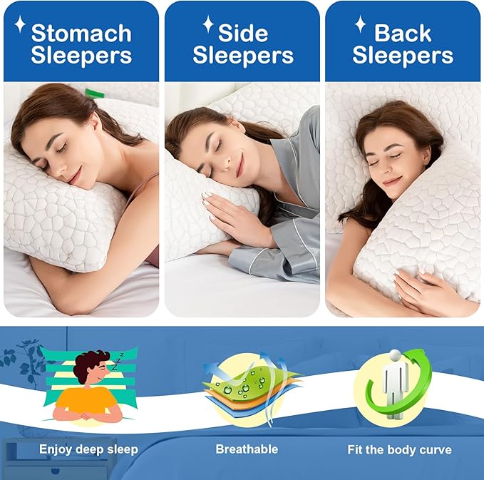 SUPA MODERN Cooling Pillows for Side Sleepers, Cool Side Sleeper Pillow for Neck Pain Relief, Luxury Shredded Memory Foam Pillows 2 Pack, Adjustable Gel Cervical Neck Pillow Queen Size Set of 2