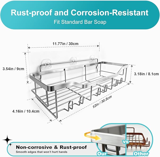 Shower Caddy with Hooks, Shower Shelf - 304 Stainless Steel Shower Rack, Anticorrosive, Rust-proof, Waterproof Bathroom Shelves Storage and Organization - White Silver Shower Shelves
