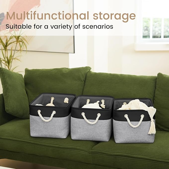 VQRTEXA Large Storage Baskets- 15x11x10 inch Storage Bins for Shelves and Closet Organizing, Foldable Fabric Bin for Home Organization Clothes and Laundry (1-Pack, Black&Gray)