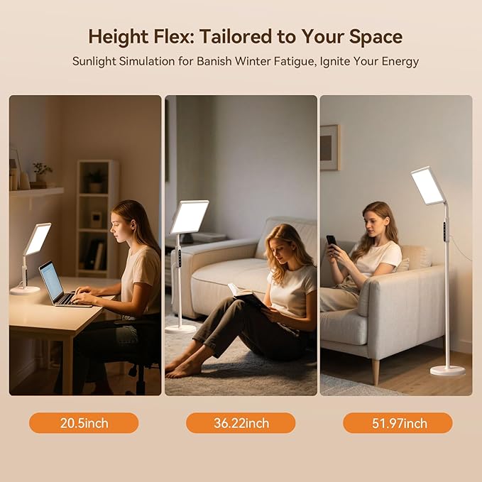 12,000 Lux Light Therapy Lamp, Full Spectrum Sunlight Lamp, UV-Free Sun Lamp with Remote Control/4 Color Temp/5 Brightness/4 Timer, 3 Height Adjustable Floor Lamp for Home Office, Living Room, Bedroom