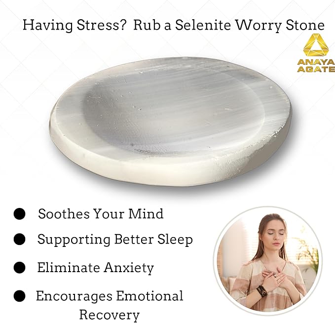 Selenite Worry Stones – Crystal Thumb Worry Stone for Anguish, Stress – Relaxing and Soothing Balance Stones for Meditation, Stress Relief – Healing Stones and Crystals for Men and Women