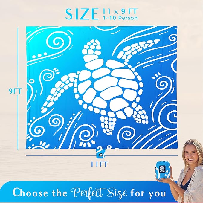 WEKAPO Beach Blanket Waterproof Sandproof Oversized Extra Large Sand Free Beach Mat with Stakes, Storage Bag - Essentials for Outdoor Beach, Picnic (Gradient Blue Sea Turtle, 11 X 9 FT (1~10 Person))