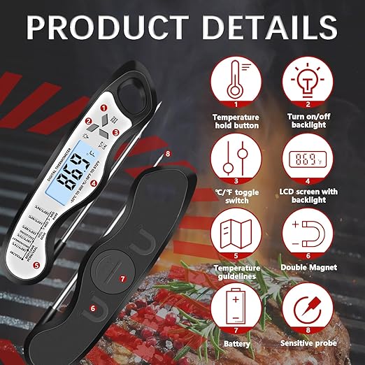 Meat Thermometer Digital，IP67 Waterproof Cooking Thermometer with Backlight, Calibration & Hold Function，Food Thermometer for Cooking,Outdoor Grilling，Suitable as Stocking Stuffers for Men (White-2)