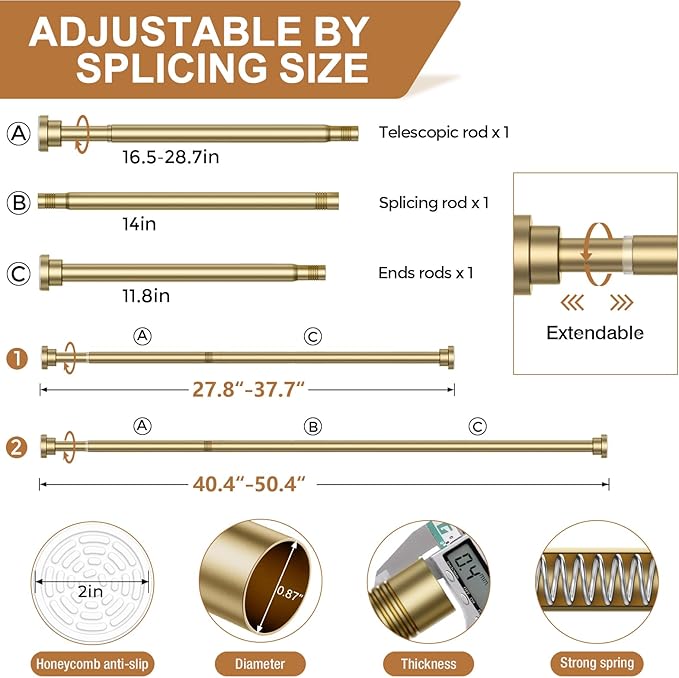 AIZESI Gold Tension Curtain Rod No Drilling 28-50Inch-2PCS,Spring Tension Rod Non-Slip,Bathroom Shower Rod Non-Rust,Adjusatable Tension Rod For Windows Doorway Curtains