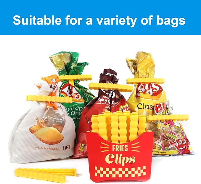 12PCS French Fry Food Bag Clips Set with Magnetic Chip Storage Box - Kitchen Snack Sealing Clips, Fun Fridge Accessories Gift