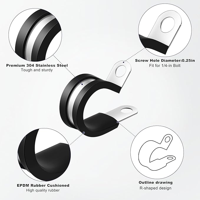 30PCS 1-1/4 Inch 304 Stainless Steel Rubber Coated Pipe Clamps - Insulated Marine Grade R-Clamps