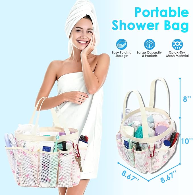 Fammart Mesh Shower Caddy Portable for College Dorm Room Essentials, 8-Pocket Large Shower Basket Tote Bag with 2 Handles for Toiletry, Bathroom, Beach, Camp, Gym