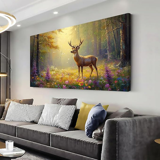 ZESTRILIA Pretty Deer Forest Wall Art for Living Room Office Gold Mustard Yellow Wildlife Wildflower Canvas Painting Prints Spring Wild Life Artwork Girls Bedroom Decor Extra Large (58x28 Inches)