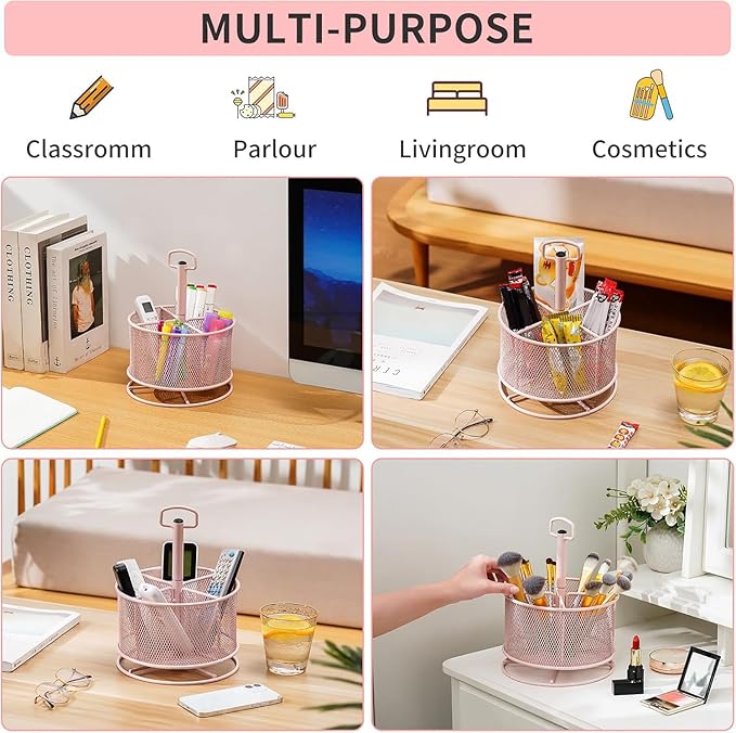 Marbrasse Mesh Desk Organizer, 360-Degree Rotating Multi-Functional Pen Holder, 4 Compartments Desktop Stationery Organizer, Home Office Art Supply Storage Box Caddy (Pink)