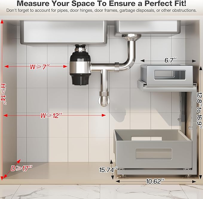 Corbyles 2 Pack 15.74IN-Depth Under Sink Organizer With Next-Gen Ball-Bearing Slides, 2-Tier Pull Out Cabinet Storage, Height Adjustable Drawer Shelf for Bathroom, Kitchen, Laundry, Cabinet, Pantry - Gun Gray