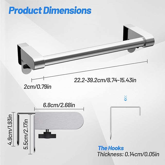 VEHHE Kitchen Towel Holder, Hand Screwed Telescopic Kitchen Towel Rack, Stainless Steel Adjustable Length and Width Over The Cabinet Door Towel Rack with EVA Foam Pad (Silver)