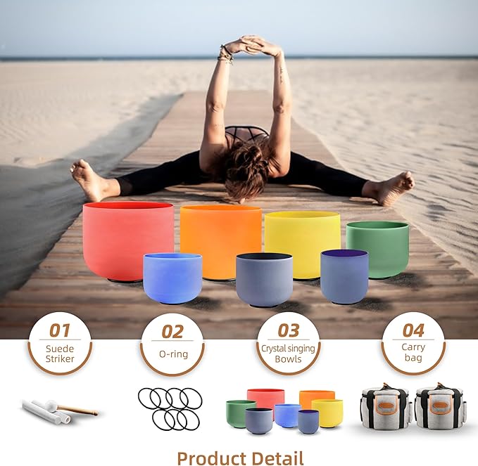 RYAN DVAN 432 hz 7-12 Inch Set of 7 Colored Frosted Quartz Crystal Singing Bowl with Free 2 pcs Carrying Cases