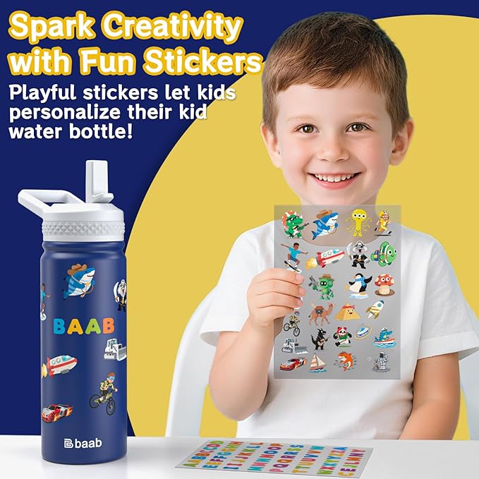 baab 18oz Kids Water Bottle, Insulated Water Bottle with Straw & Stickers, 18/8 Stainless Steel Vacuum Leakproof Kids Water Straw Cup for School, Perfect for Boy Girl (Navy Blue, 1 Pack)