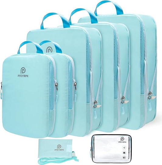 PFEYRPK Lightweight Compression Packing Cubes for Suitcases, Compressible Expandable Travel Packing Organizer with Clear Toiletries and Backpack Bag, Travel Essentials for Carry on Luggage 7 Set