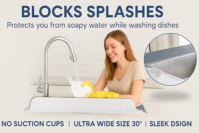30 inch (75cm) Premium Kitchen Sink Silicone Water Splash Guard SIZE UPGRADE 30" and new package - NO Suction Cups, Ultra Wide 30" - Made in Korea (Ultra Wide Eco White)