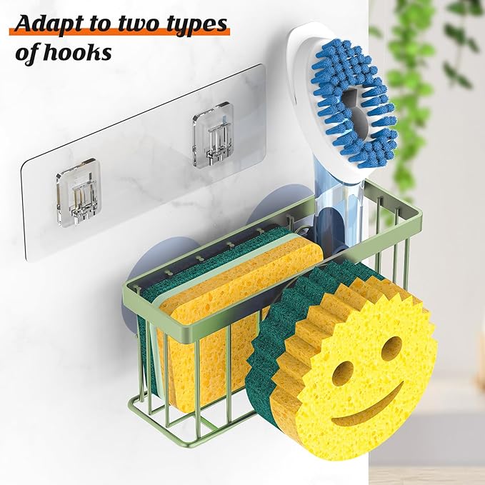 Sponge Holder Smiley Face, Sink Caddy, Sink Organizer with 2 Suction Cups/1 Adhesive Strips, Designed for Sponge, Soap, Dish Brush, Scrubber - Green
