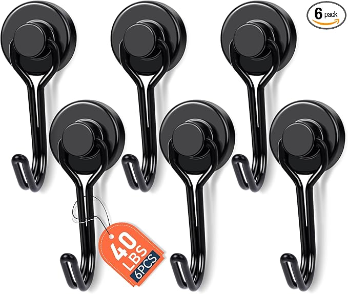 E BAVITE Magnetic Hooks, 40lbs+ Magnet Hook 2026 Cruise Cabin Ship Essentials Heavy Duty Strong Magnets Refrigerator Fridge Hanging for Classroom Beach Vacation Kitchen Grills Home 6pcs (Black)