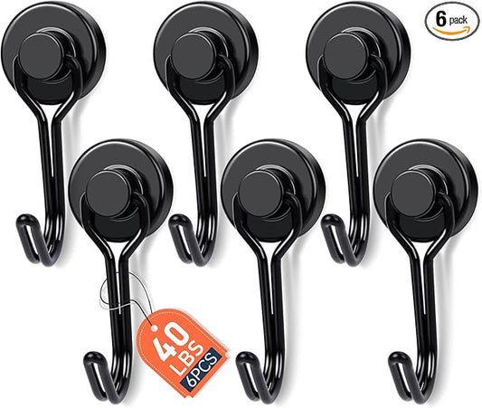 E BAVITE Magnetic Hooks, 40lbs+ Magnet Hook 2026 Cruise Cabin Ship Essentials Heavy Duty Strong Magnets Refrigerator Fridge Hanging for Classroom Beach Vacation Kitchen Grills Home 6pcs (Black)