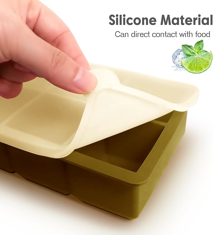 Silicone Ice Cube Trays with Lids, Large Square Ice Cube Molds for Freezer, Whiskey, Cocktail, Stackable Flexible and Reusable & Easy Release BPA Free (2 Pack&Dark Gray and Army green)