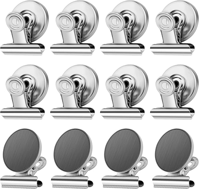 Grtard 12Pack Fridge Magnets Magnetic Clips Heavy Duty for Fridge, Whiteboard Magnets Clips for Refrigerator, Detailed List Display Paper Fasteners on Home& Office& Teaching (Silver)