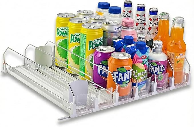 Deviory - Soda Can Organizer with Automatic Can Pusher | Refrigerator Drink Organizer | Beverage Dispenser for Soda, Cans and Bottles | Space-Saving | Stainless Steel | Adjustable Sizes | 6 Rows