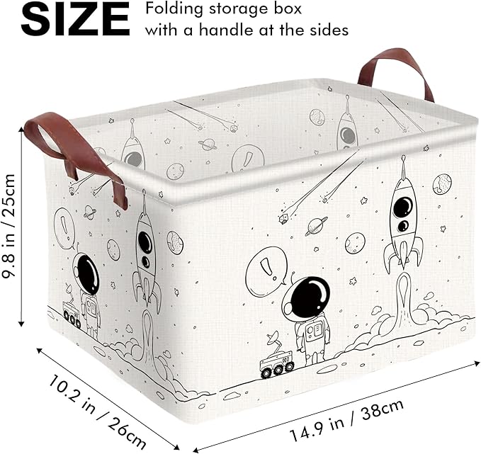 Spaceman Checkered Basket Waterproof Canvas Toy Storage Bin Room Decor Collapsible Outdoor Basket with Leather Handles Decor Blanket Baskets For Closets, Bedrooms, Gifts Baskets