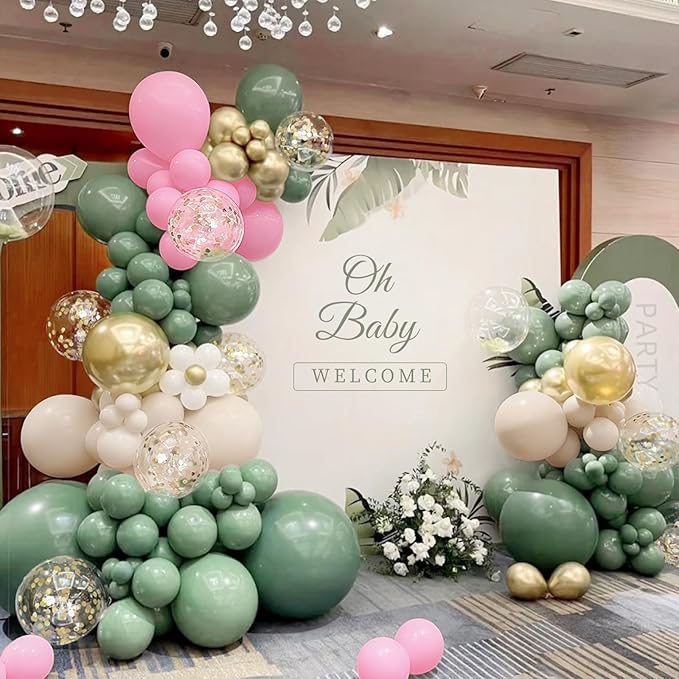 MEBAY Sage Green Pink Balloon Arch Kit, 166Pcs Olive Green Blush Pink Metallic Gold White Sand Balloons Garland for Baby Shower Wedding Birthday Jungle Safari Woodland Party Decorations