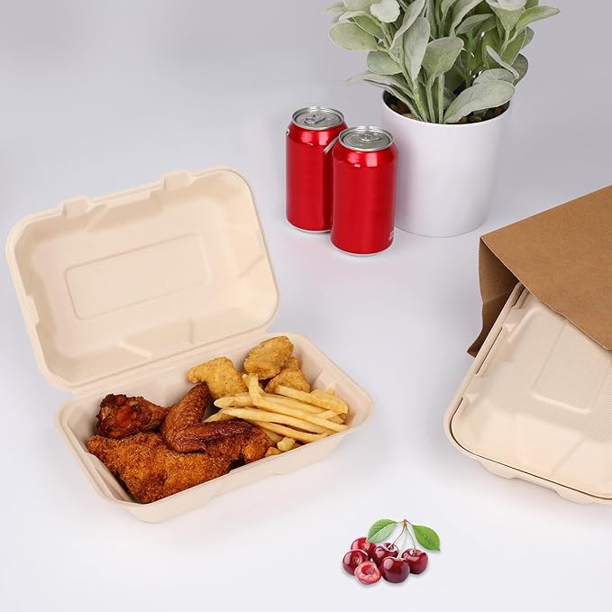 Aricsen Compostable 50 Pack 9x6 Inch Takeout Lunch Box Containers with Lid To Go Take Out Clamshell for Food, Disposable Eco-Friendly Biodegradable Bagasse, PFAS-Free, Brown