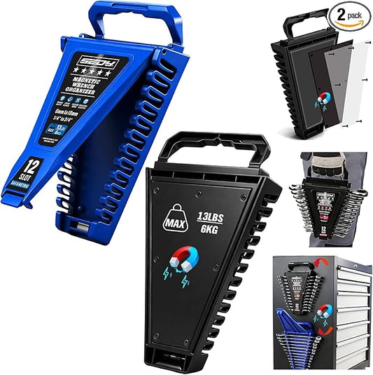 2-Piece Magnetic Wrench Organizer, 24-Slot Wrenches Holder Set with Lock Cover Metric 6–18mm & SAE 1/4-3/4", Wrench Rack Tool Trays with Carrying Handle for Wall Mount Toolbox Drawer Storage