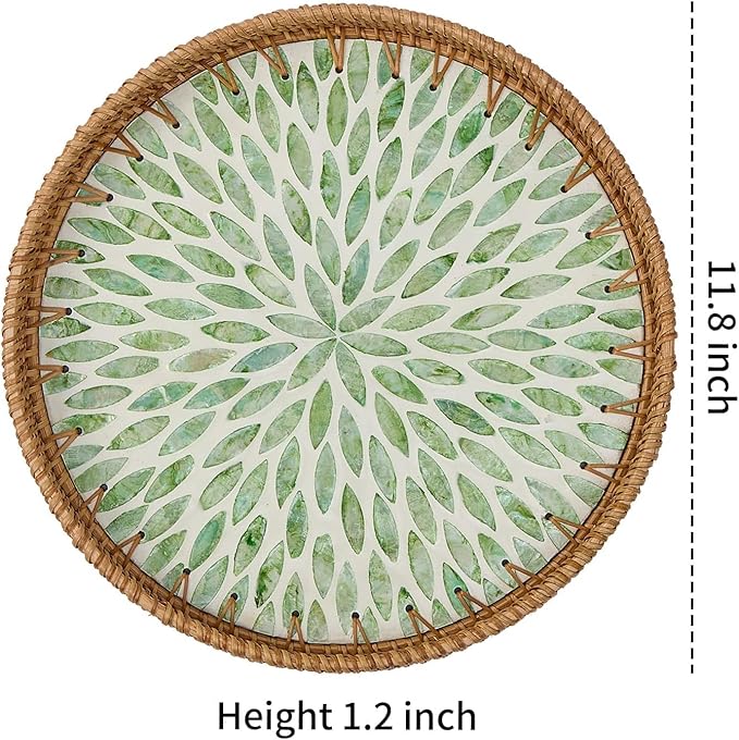 12" Large Rattan Serving Tray with Mother of Pearl, Decorative Coffee Table Trays for Home Decor, Large Wicker Woven Serving Tray Decor for Kitchen Counter,Living Room and Ottoman, Black1