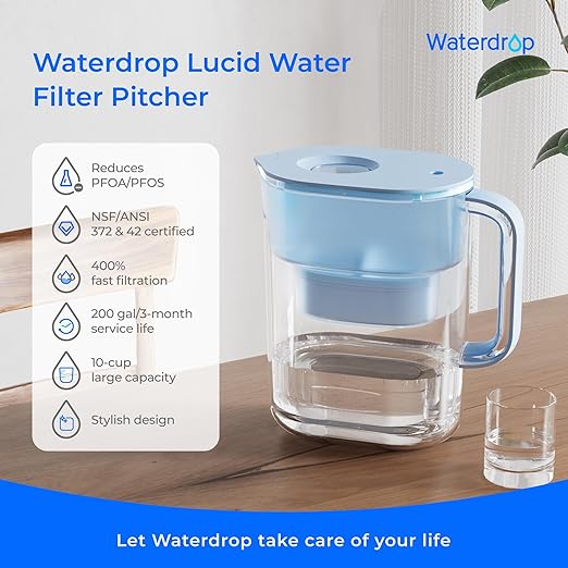 Waterdrop PT-07B Water Filter Pitcher, 10-Cup, NSF Certified, 200-Gallon Long-Life Filter, Improves Coffee & Tea Taste, Reduces PFOA/PFOS and Chlorine, 5X Longer Filter Life, Blue
