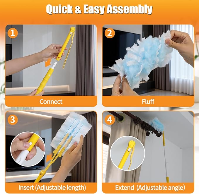 40 Count Duster Refills with 1 Short Handle & 3 ft Extendable Handle, Compatible with Swiffer Duster, 180° Disposable Microfiber Cleaning Dusters, Unscented