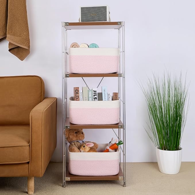 MiniArk Large Storage Baskets for Shelves, Closet Organizers Bins for Clothes Blanket Towels, Baby Nursery, Toy Baskets Box, Woven Rope Baskets, 17 x 13 x 7.5”, 2 Packs Woven Pink