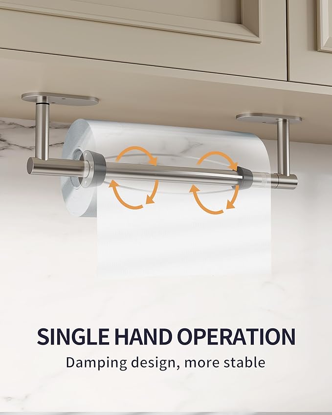 WZKALY Paper Towel Holder Under Cabinet, Self Adhesive or Wall Mount for Kitchen Bathroom, Stainless Steel Paper Towel Holders with Damping Effect, Single Hand Operable (Silver)