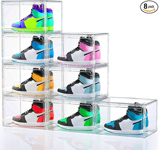 HIYOHIYO 8 Pack 360° Acrylic Clear Shoe Organizer for High-end Sports Shoes, All Clear Display Shoe Storage Box, Fully Transparent Display Case with Magnetic Door, Fit Size 14 (14.2"x10.6"x7.8")