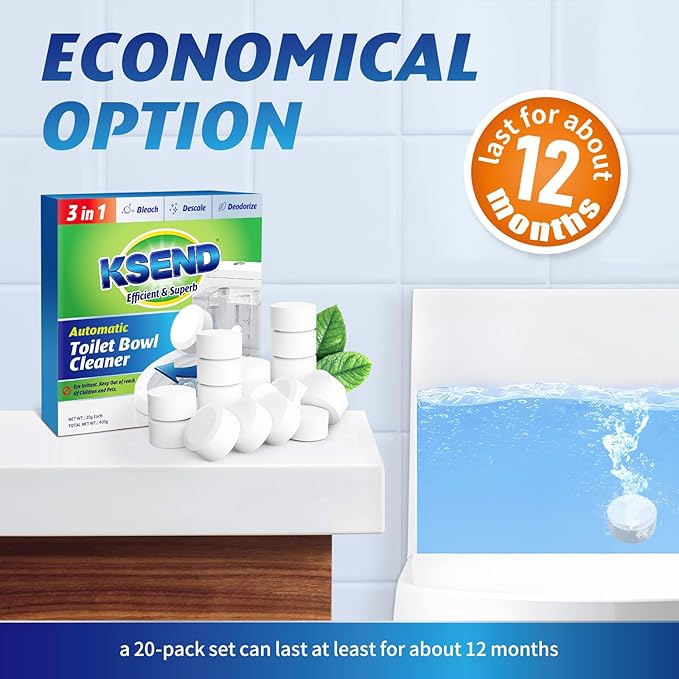 Ksend Toilet Bowl Cleaner Tablets - 20 PCS Automatic Bleach Toilet Cleaner Tablets, Slow-Releasing Deodorizing & Descaling, Powerful Bathroom Tank Cleaner