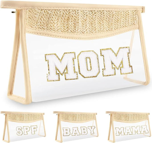 Boho Clear Makeup Letter Patch Makeup Bag MOM Pouch, Clear Toiletry Bag Travel Small Cute Stadium Chenille Letter Cosmetic Zipper Pouch Purse, Transparent Waterproof Diaper Bag Organizing Pouches(MOM)