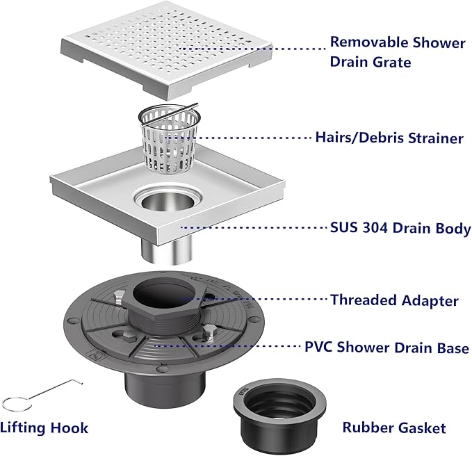 Neodrain 6-Inch Square Shower Drain with Removable Quadrato Pattern Grate, PVC Shower Drain Base and Rubber Gasket for Bathroom Floor Drain, Brushed 304 Stainless Steel, Includes Hair Strainer