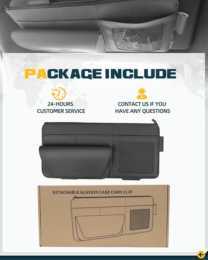 Car Sun Visor Organizer Premium Leather Storage Bag with Magnetic Sunglass Pocket, Extra-Large Zippered Compartment & Anti-Slip Mesh Pocket Sun Visor Organizer for Trucks, SUVs & Cars